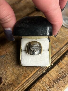 Harley-Davidson Silver Tone Signet Ring with Black Logo Detail